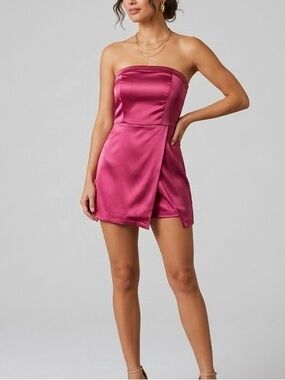 Hot Pink Satin Faux Wrap Strapless Romper Size M Glam Party Festival Feminine